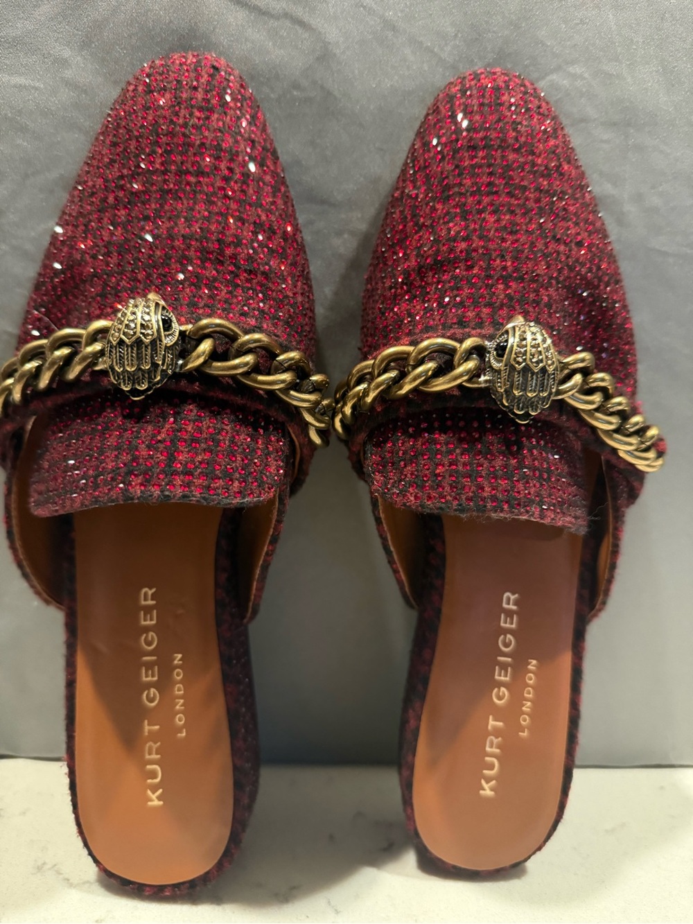 Kurt Geiger Red Tweed Chain-Embellished Mule